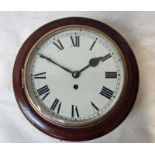 An early 20th century walnut cased circular wall clock, school type, 25cm diameter dial, black Roman