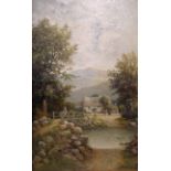 F. R. OFFER (19th century), Welsh or Lakes Landscape with Figures on a Bridge, signed oil on