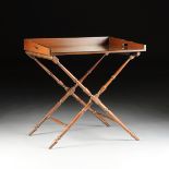 A VINTAGE MODERN AMERICAN STAINED WOOD TWO HANDLED BUTLERS TRAY ON ASSOCIATED FOLDING STAND, CIRCA