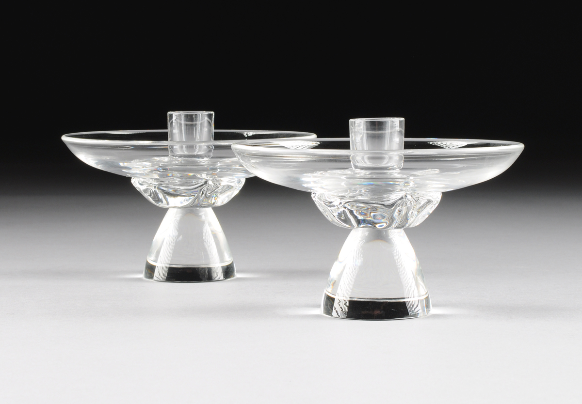 A PAIR OF STEUBEN CRYSTAL STAR CANDLESTICKS, PATTERN SP976, ENGRAVED SIGNATURE, 1960'S, each in