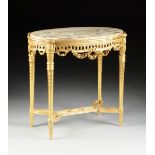 A LOUIS XVI STYLE MARBLE TOPPED PARCEL GILT AND CARVED WOOD TABLE DE MILIEU, LATE 19TH/EARLY 20TH