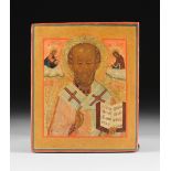 A RUSSIAN POLYCHROME PAINTED ICON OF ST. NICHOLAS THE MIRACLE WORKER, 19TH CENTURY, painted in egg