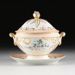 AN OLD PARIS PARCEL GILT AND POLYCHROME PAINTED PEACH GROUND LIDDED TUREEN ON STAND, THIRD QUARTER