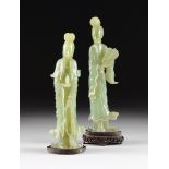 TWO CHINESE CARVED JADEITE FIGURES OF GUANYIN, 20TH CENTURY, of medium green jadeite, comprising a