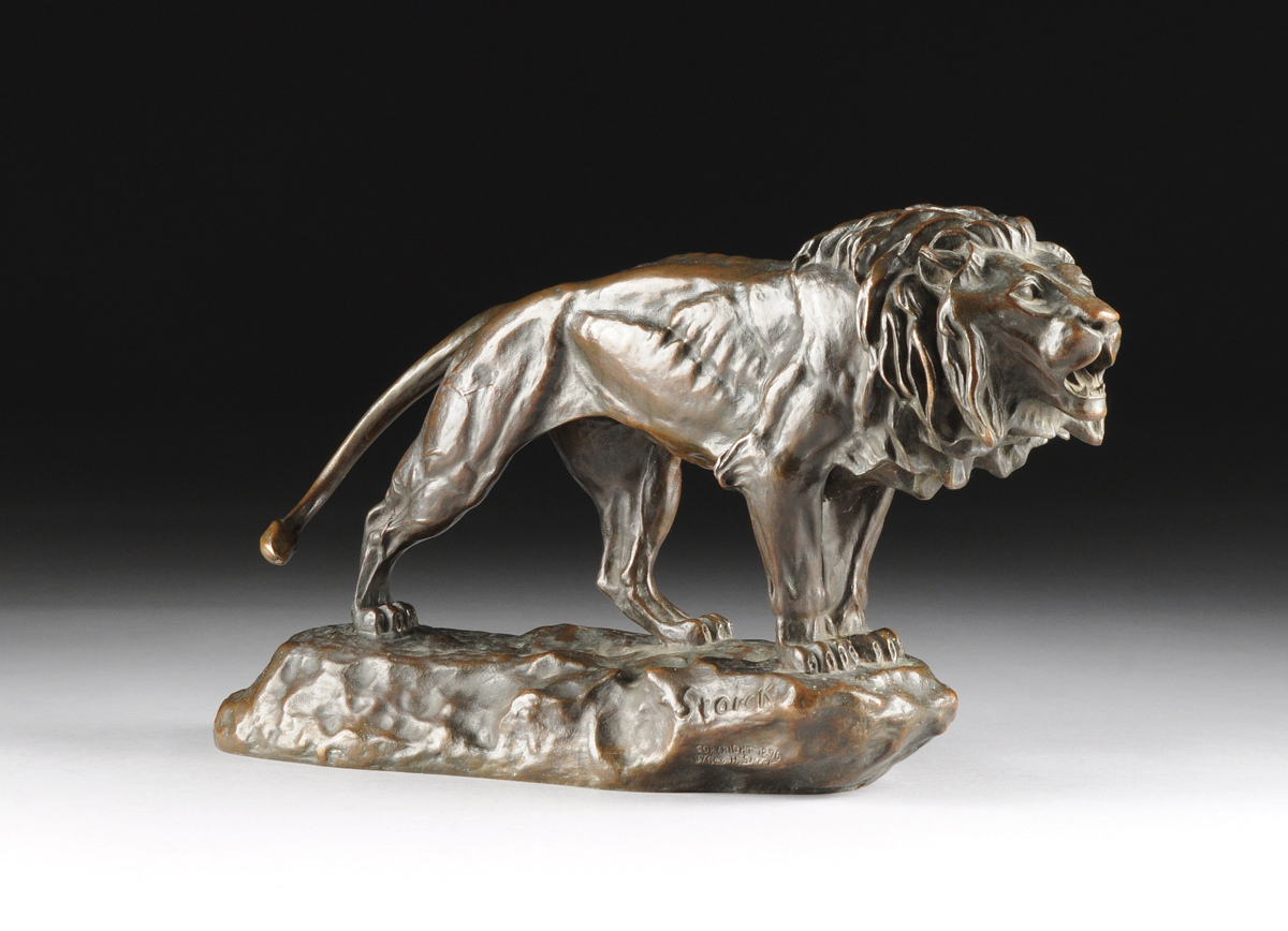 after GEORGE H. STORCK (American 19th Century), A PATINATED BRONZE SCULPTURE, "Roaring Lion," signed