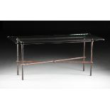 A CONTEMPORARY GLASS TOPPED AND PATINATED WROUGHT IRON CONSOLE TABLE, THIRD QUARTER 20TH CENTURY, in