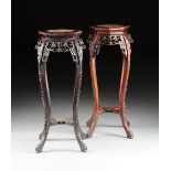 A PAIR OF VINTAGE CHINESE MARBLE TOPPED CARVED HARDWOOD PEDESTAL STANDS, EARLY 20TH CENTURY, each