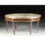 A NEOCLASSICAL STYLE MARBLE TOPPED AND BRASS MOUNTED MAHOGANY COFFEE TABLE, MODERN, the circular