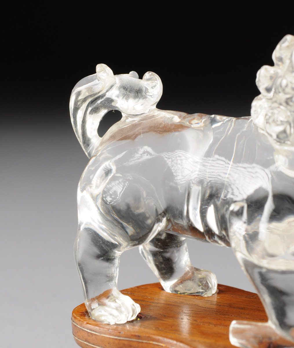 A PAIR OF CHINESE CARVED ROCK CRYSTAL BUDDHISTIC LIONS, 20TH CENTURY, in a seated position and - Image 8 of 10