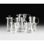 A GROUP OF SIX GLASS PITCHERS, MID-LATE 20TH CENTURY, comprising a tapered cylindrical form