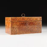 A GEORGIAN BURL ELM TEA CADDY, LATE 18TH/EARLY 19TH CENTURY, the rectangular hinged lid centering