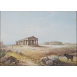 Y. GIANNI, ITALIEN, 1800-TAL Akvarell. Tempelruiner i Paestum, Italien med Heras tempel uppfört