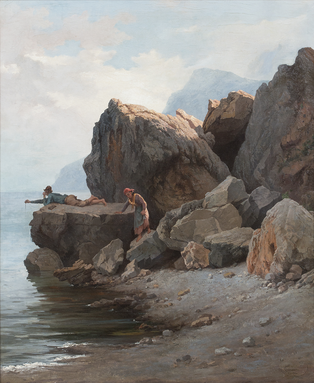 ANDREA CHERUBINI 1833-?, ITALIEN Oljemålning på duk. Fiskande par vid Neapelbuktens klippiga kust.