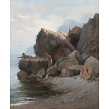 ANDREA CHERUBINI 1833-?, ITALIEN Oljemålning på duk. Fiskande par vid Neapelbuktens klippiga kust.