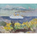 HARALD LINDBERG 1901-1976  Oljemålning på duk. Fartyg vid strand. Signerad. 21.5 x 26.5 cm.