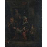 OIDENTIFIERAD KONSTNÄR, HOLLÄNDSK SKOLA, 1700-TAL Oljemålning på pannå. Interiör med figurer vid