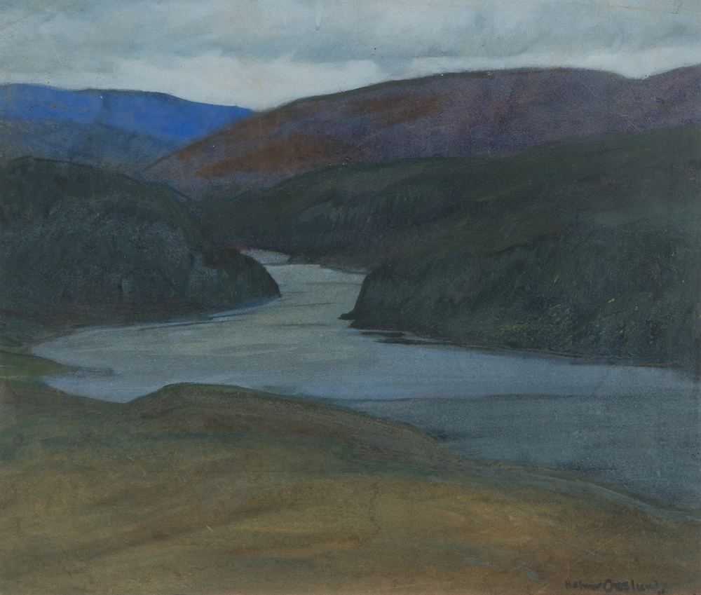 HELMER OSSLUND 1866-1938 Gouache på smörpapper. Norrländskt bergslandskap med vattendrag.