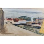 ALBIN AMELIN 1902-1975 Blandteknik. "Godtjänt tiggeri och straff." (Göteborgs hamn med båtar och