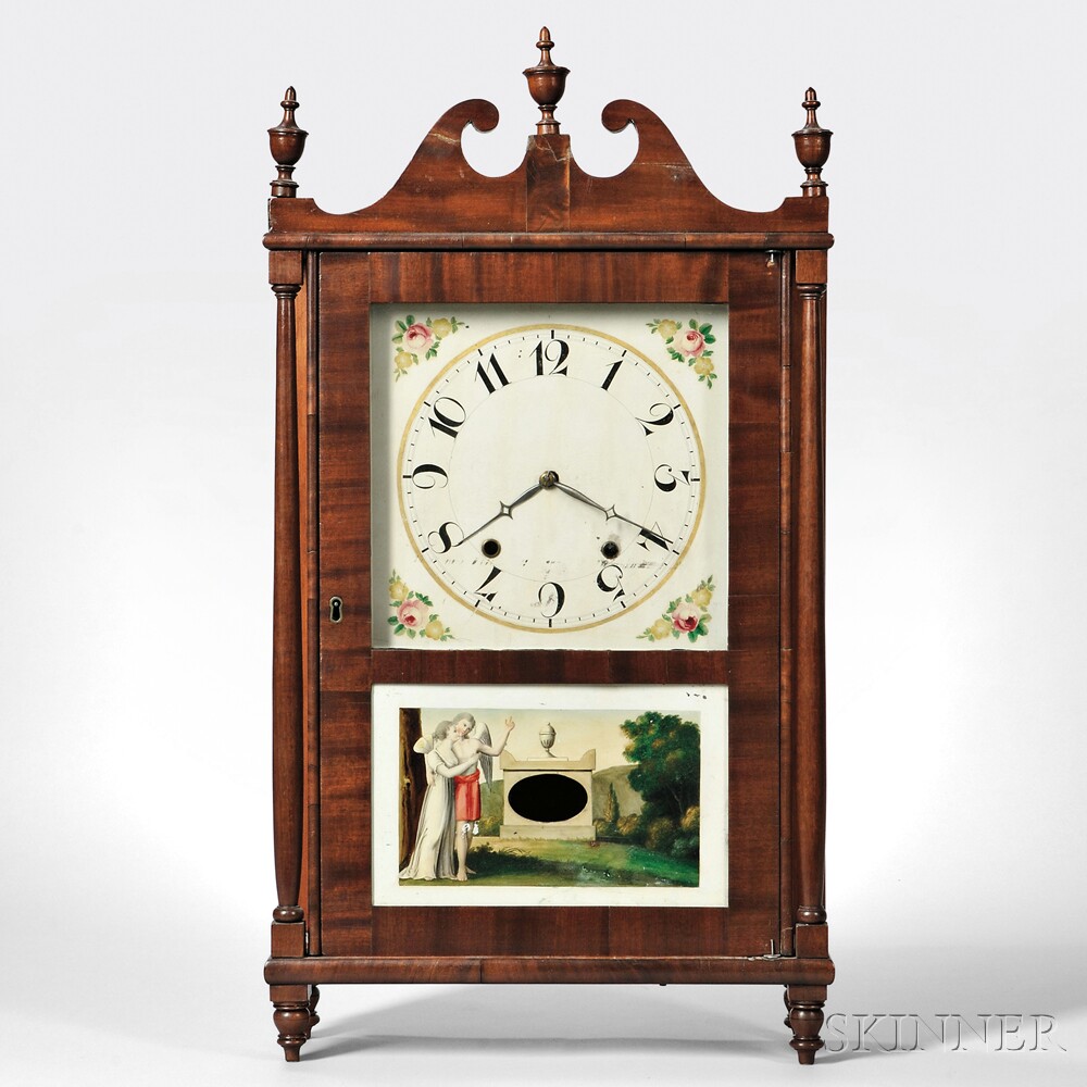 Pennsylvania Pillar and Scroll Clock, Allentown, Pennsylvania, c. 1830, the mahogany case with heavy