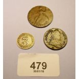 Three coins British;-  George III 1775 half penny, 1773 farthing & 1763 threepence, cond. Fair-VF