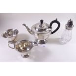 A silver plated three piece teaset and sugar castor