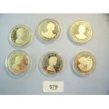 Six silver commemorative crowns/coins including 50 pence Falkland Islands. Queen Mother 80th