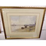 Mabel E Hayes watercolour - 'Landscape with Barges' 20 x 28cm