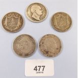 Five silver coins including two George III halfcrowns 1816 & 1819, three William IV halfcrowns, (one