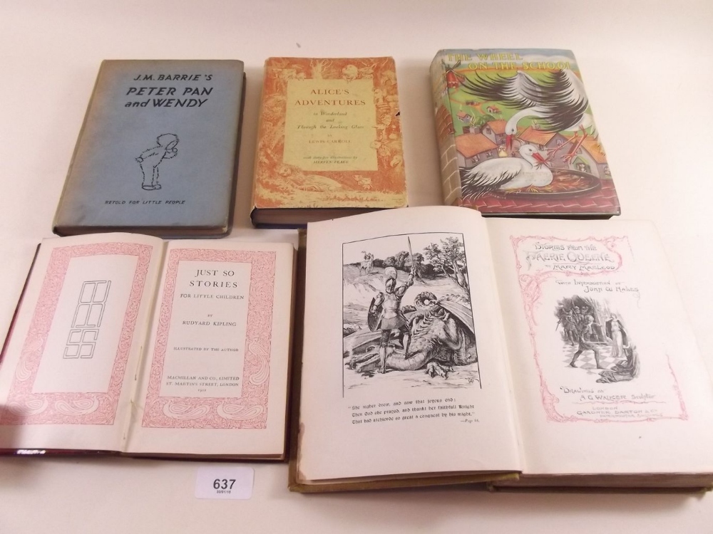 A group of five children's books: Peter Pan and Wendy, Alice's Adventures in Wonderland and