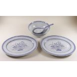 A blue and white matched Chinese dinner service comprising: large bowl and spoon, two meat plates,