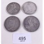 A group of four crowns including: George IV 1821, secundo, two Victoria 1889 and 1892 jubilee bust -