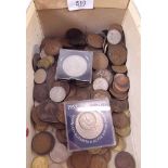 A box of various coins including farthings, halfpennies, pennies (some Heaton Mint), brass
