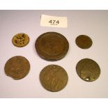 A group of coins and tokens including George III 1797 two pence, George IV 1821 farthing (gilt) plus