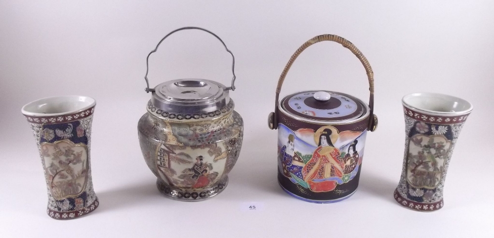 Two Japanese biscuit barrels and a pair of vases