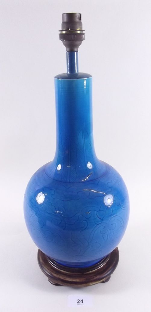 A Chinese glazed turquoise bottle form vase converted to a table lamp - 32 cm