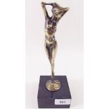 An Art Nouveau brass figure of a nude - on replacement base 20 cm tall