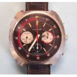A Longines gentleman's stainless steel chronograph wrist watch with black face and three