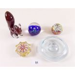 Three glass paperweights, a glass Murano style dish and Langham squirrel