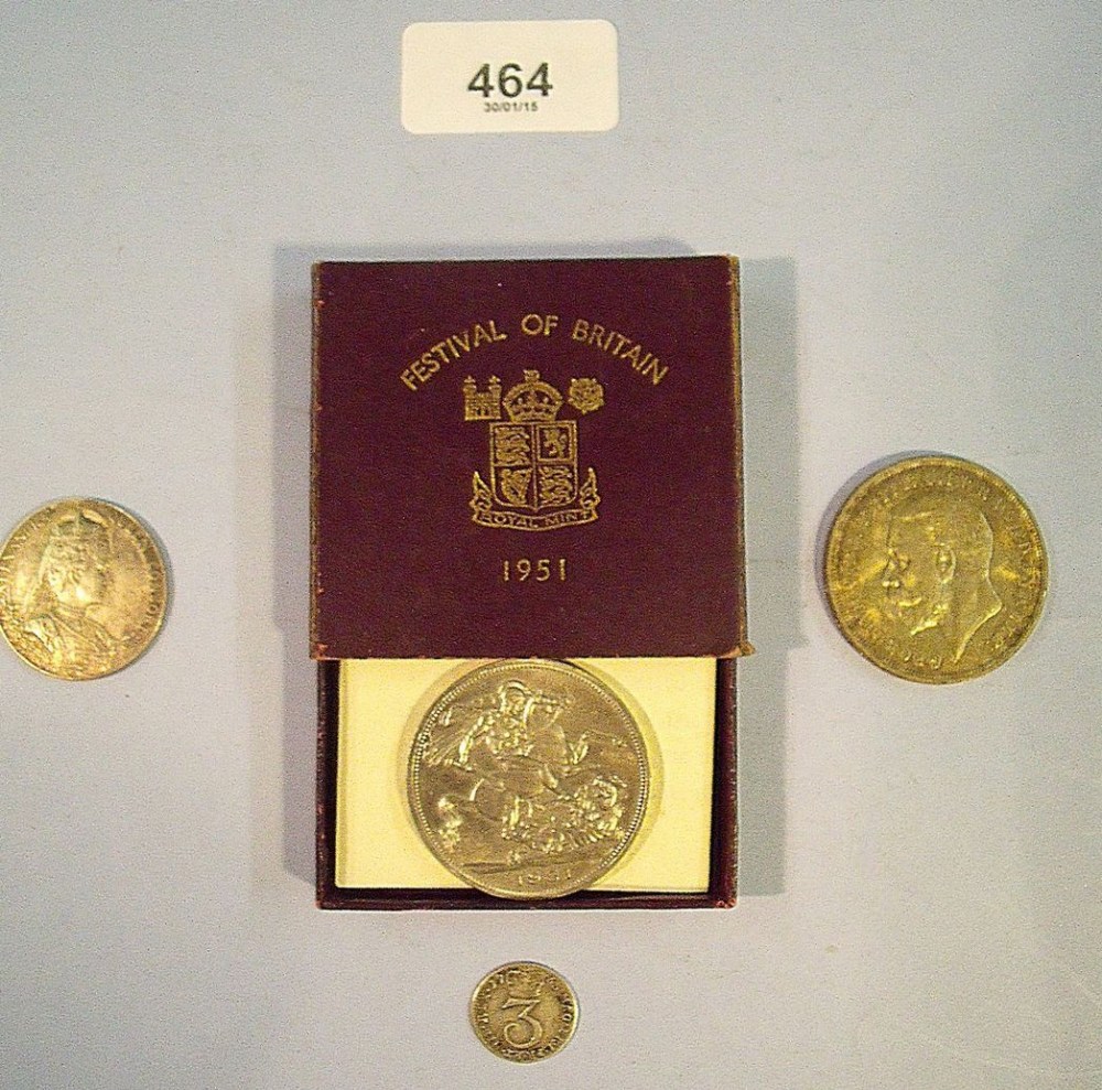 A group of items including: 1951 Festival of Britain in box with certificate, 1935 George V crown,