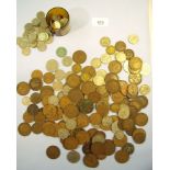 Tin of British coins including halfpennies, pennies Victoria through Elizabeth II, pre-decimal