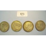 A group of four Victoria Crowns dates are 1844, two 1844 and 1847 - Approx 105 grams silver