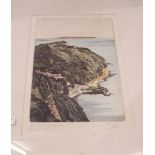 An etching of Clovelly and Lundy Island from Hobby Drive by R L Armitage - 17.5 x 12cm