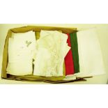 A box of table linen including two damask table cloths