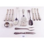 A set of seven silver handled tea knives, silver napkin ring and various plated cutlery