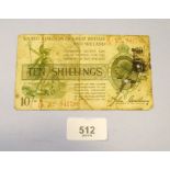 One Ten Shillings Banknote:- John Bradbury third issue, green & brown on white with red serial No.