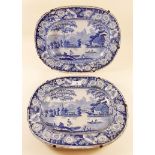 A pair of 19th Century of blue & white meat plates depicting punting scenes