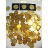 A tub of coins including: farthings, halfpennies, pennies, brass threepences, sixpences to