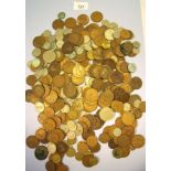 A box of pre-decimal coins inc. halfpennies, pennies, brass threepences, sixpences, halfcrowns