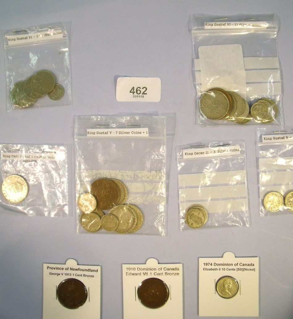 A collection of coins including countries: Canada Edward VII cent 1910, George V cent 1913,