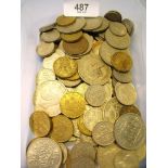 A tray of pre-decimal sixpences, two shillings, halfcrowns - George VI and Elizabeth II plus brass